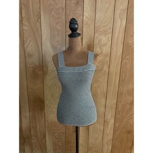 Loft Womens XS Striped Ribbed Tank Top Square Neck Cross Back Black White NEW
